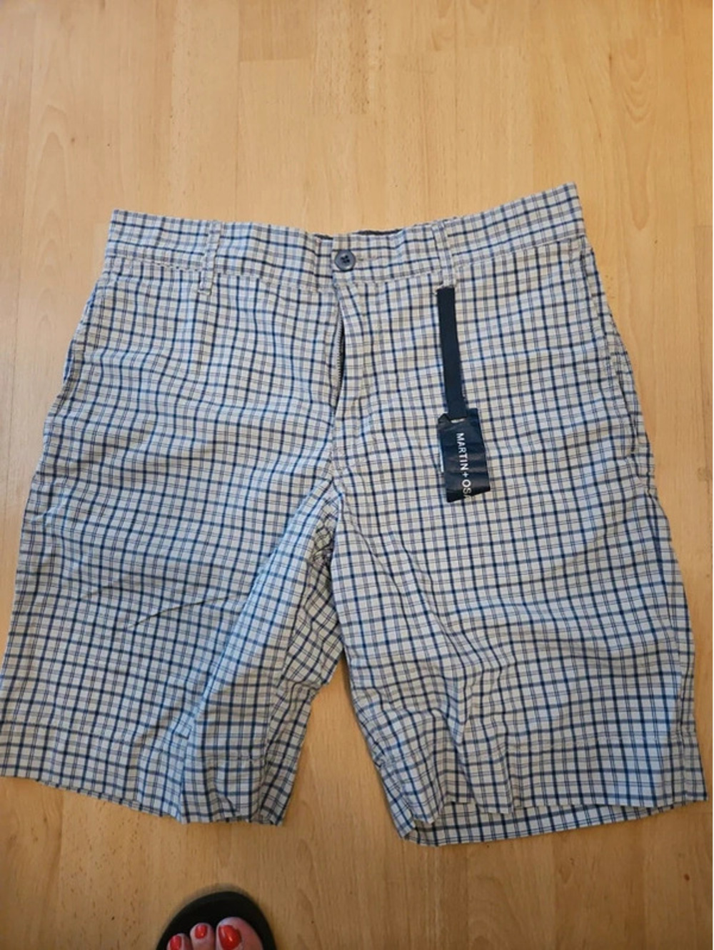 Martin + Osa Plaid Chino Shorts Mens 32 Blue White Check Flat Front Cotton